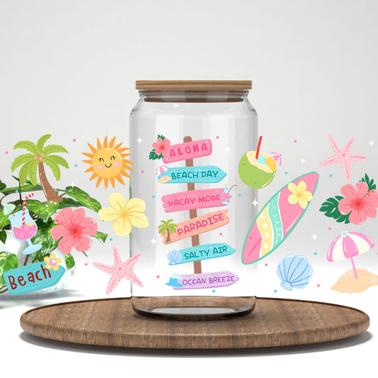 Happy Beach UV DTF full wrap on a clear glass can