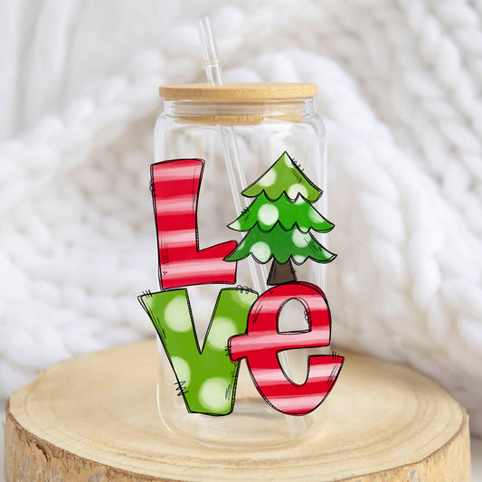 Love Christmas Tree design on a 16 oz glass tumbler