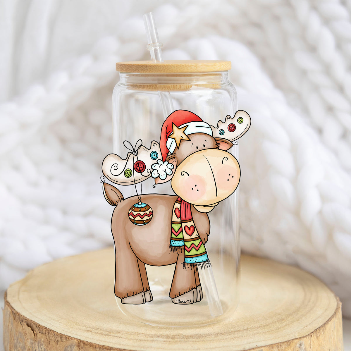 Christmas Moose design on a 16 oz glass tumbler