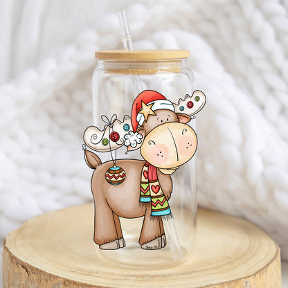 Christmas Moose design on a 16 oz glass tumbler