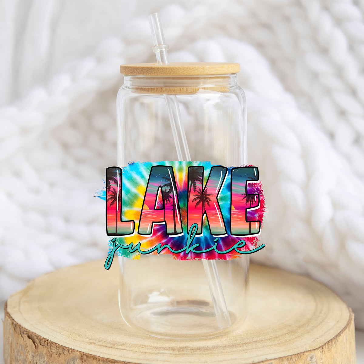 Lake Junkie design on a 16 oz glass tumbler