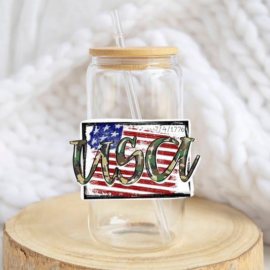 USA Camo Flag design on a 16 oz glass tumbler