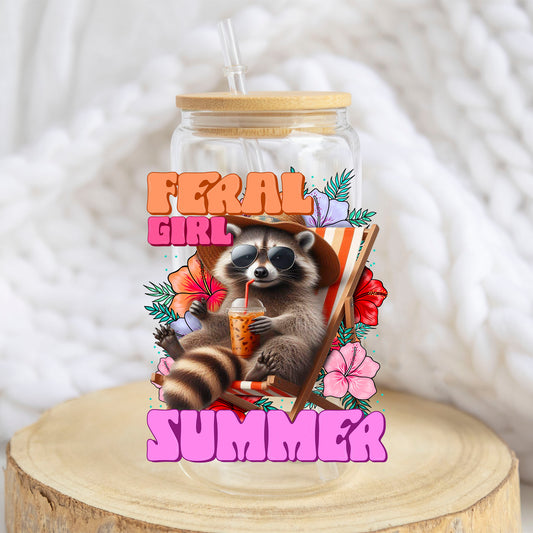Feral Girl Summer Tropical Raccoon design on a 16 oz glass tumbler
