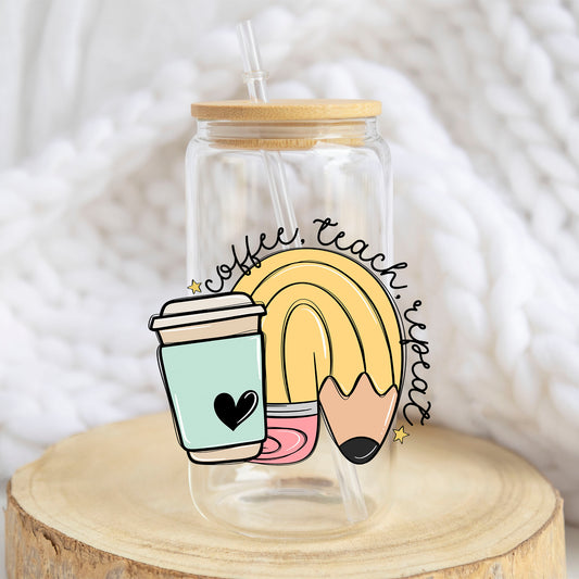 Coffee Teach Repeat design on a 16 oz glass tumbler