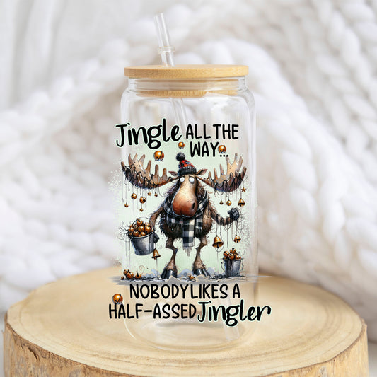 Jingle All the Way Moose design on a 16 oz glass tumbler