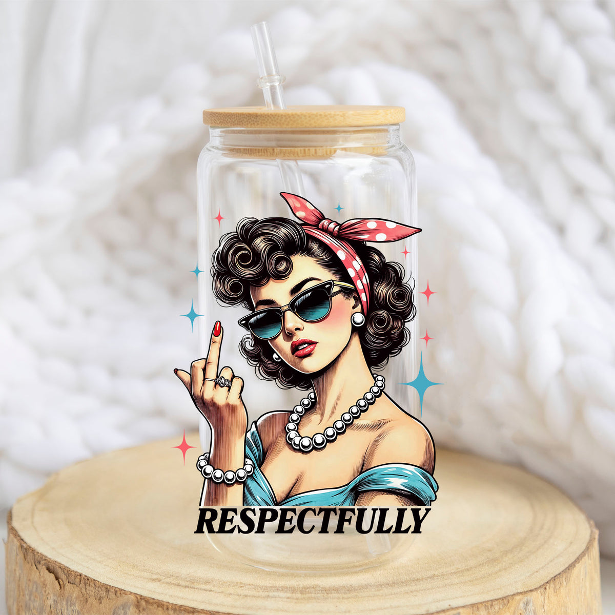 Respectfully Vintage Woman design on a 16 oz glass tumbler