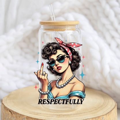 Respectfully Vintage Woman design on a 16 oz glass tumbler