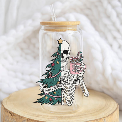 Sorta Merry Sorta Scary design on a 16 oz glass tumbler