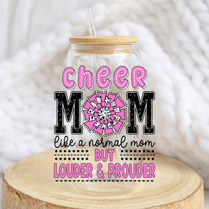 Cheer Mom Louder and Prouder design on a 16 oz glass tumbler
