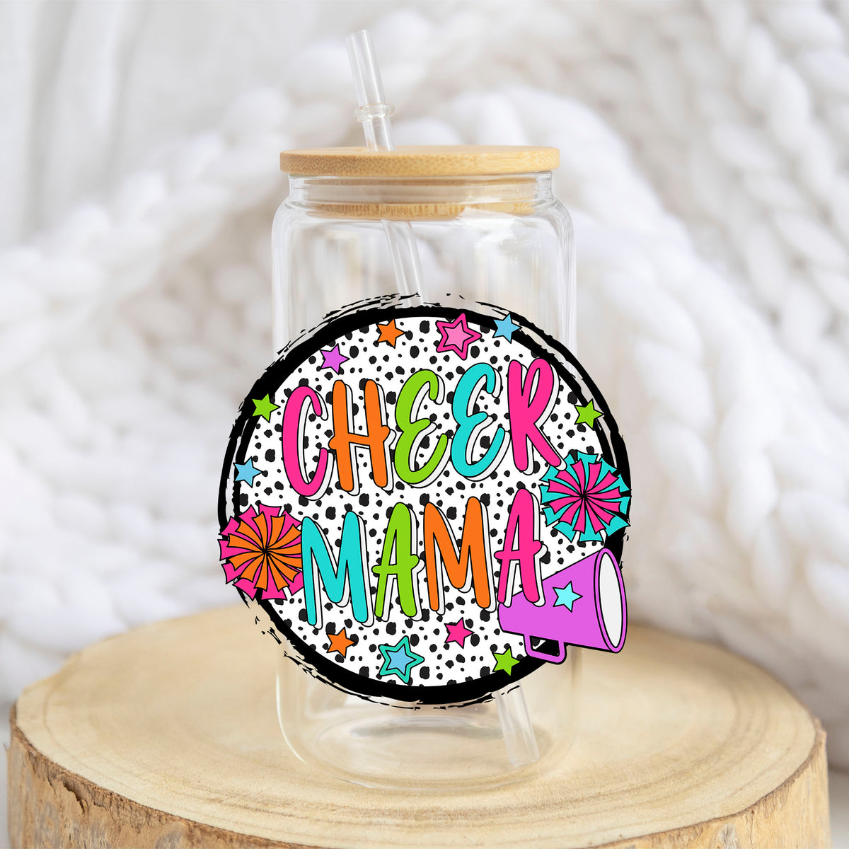 Cheer Mama Colorful design on a 16 oz glass tumbler
