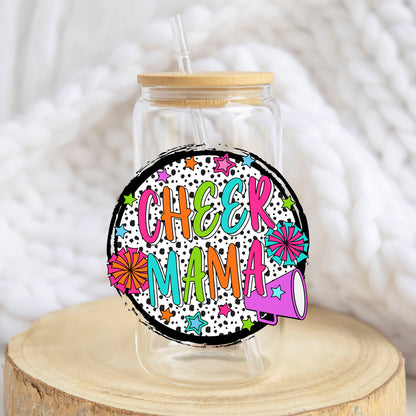 Cheer Mama Colorful design on a 16 oz glass tumbler