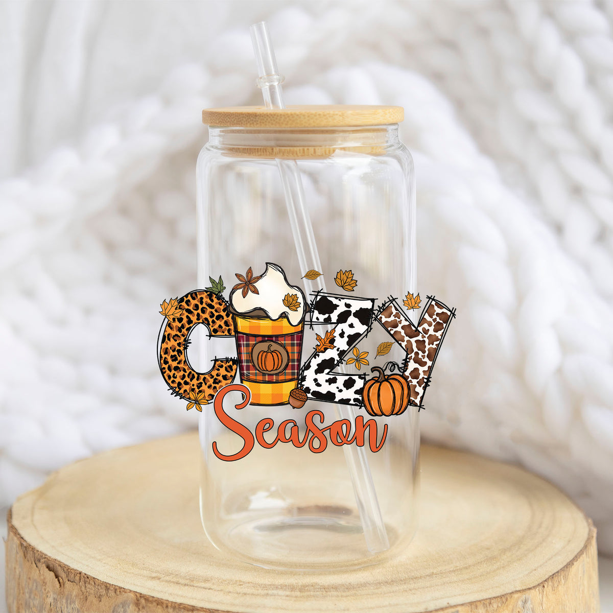 Cozy Season design on a 16 oz glass tumbler