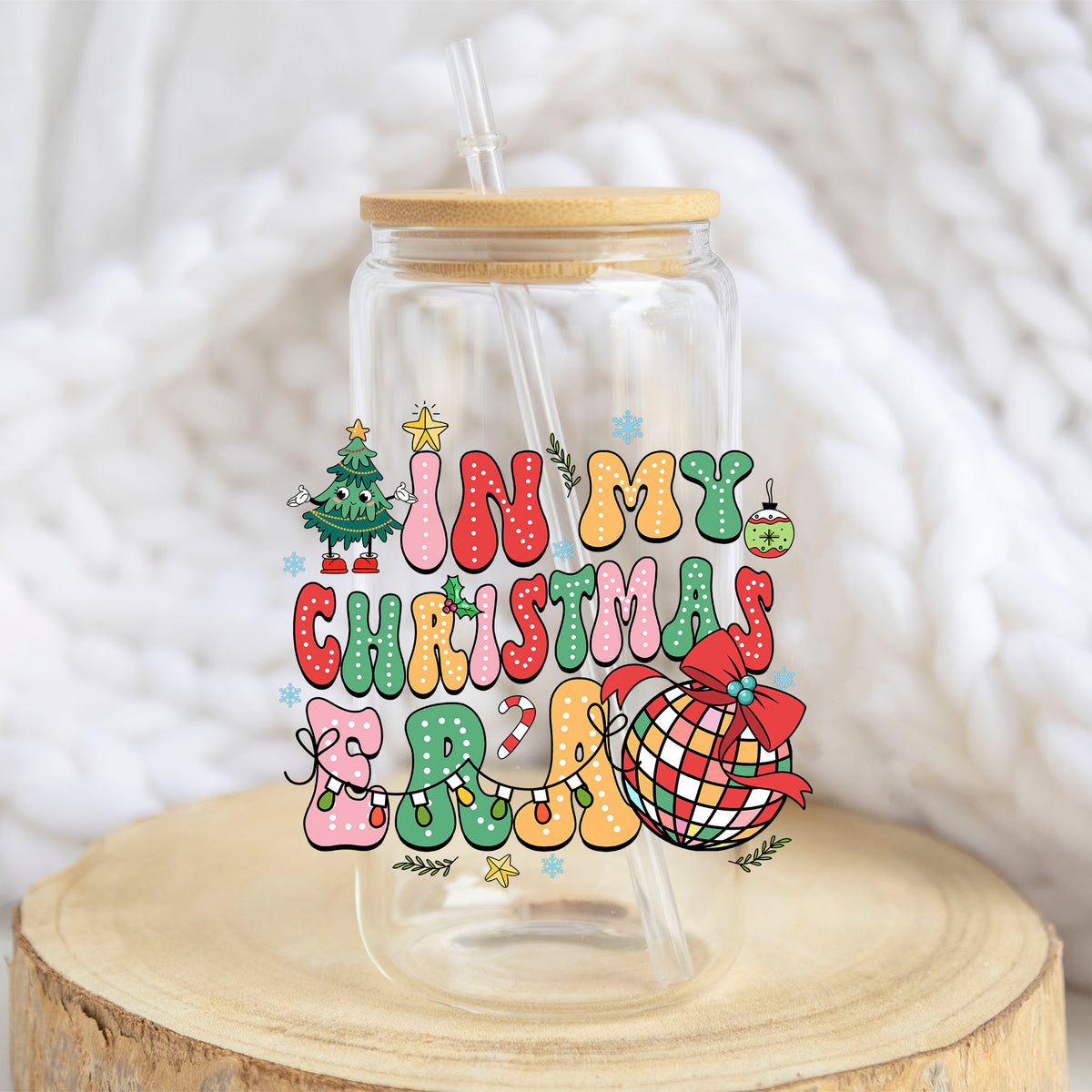 In My Christmas Era design on a 16 oz glass tumbler