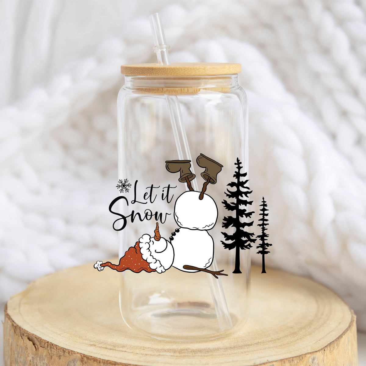 Let It Snow Upside Down Snowman design on a 16 oz glass tumbler