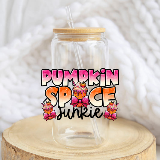 Pumpkin Spice Junkie design on a 16 oz glass tumbler