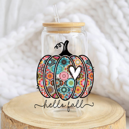 Hello Fall Floral Pumpkin design on a 16 oz glass tumbler