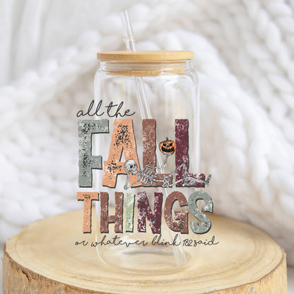 All the Fall Things design on a 16 oz glass tumbler