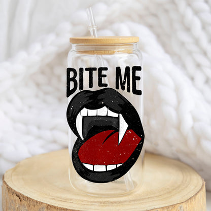 Bite Me Vampire design on a 16 oz glass tumbler