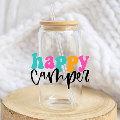 Happy Camper Colorful design on a 16 oz glass tumbler