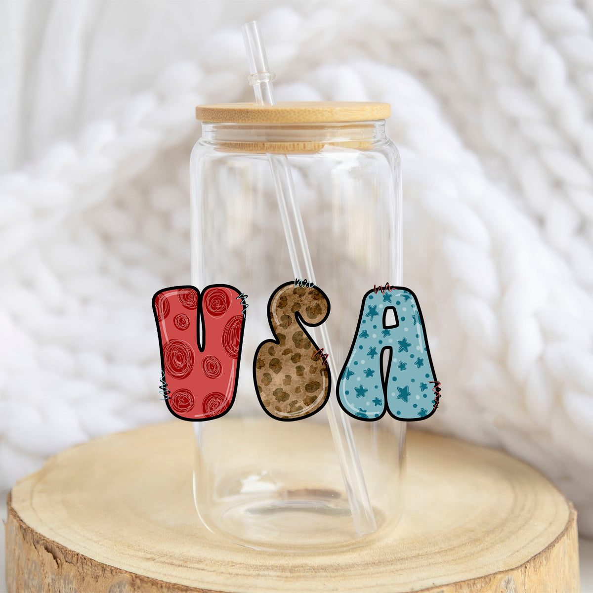 USA Patterned Letters design on a 16 oz glass tumbler