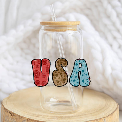 USA Patterned Letters design on a 16 oz glass tumbler
