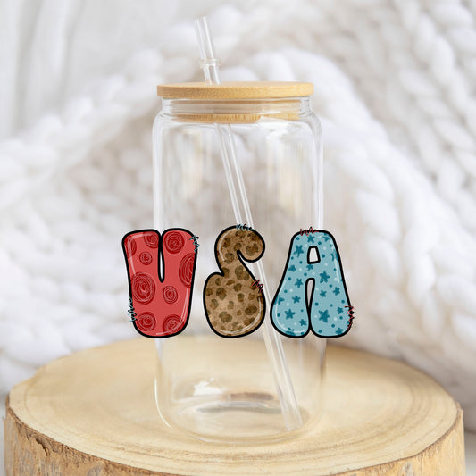 USA Patterned Letters design on a 16 oz glass tumbler