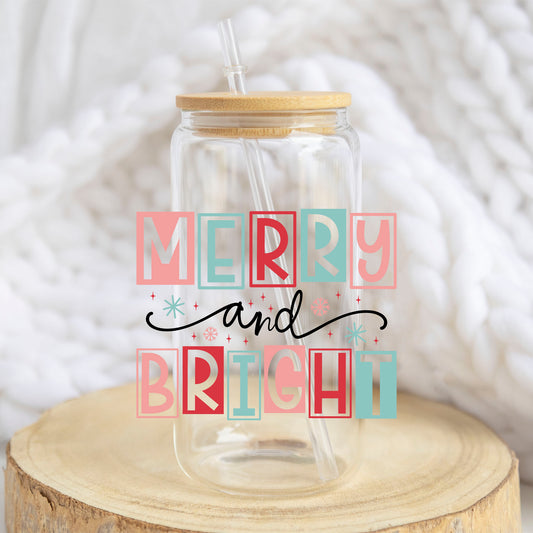 Merry and Bright Pastel Blocks design on a 16 oz glass tumbler