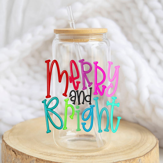 Merry and Bright Colorful Script design on a 16 oz glass tumbler