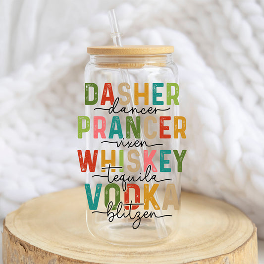Reindeer Names Holiday Drinks design on a 16 oz glass tumbler