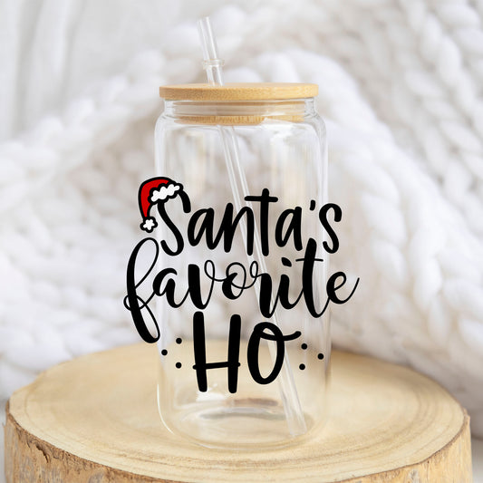 Santa Favorite Ho design on a 16 oz glass tumbler