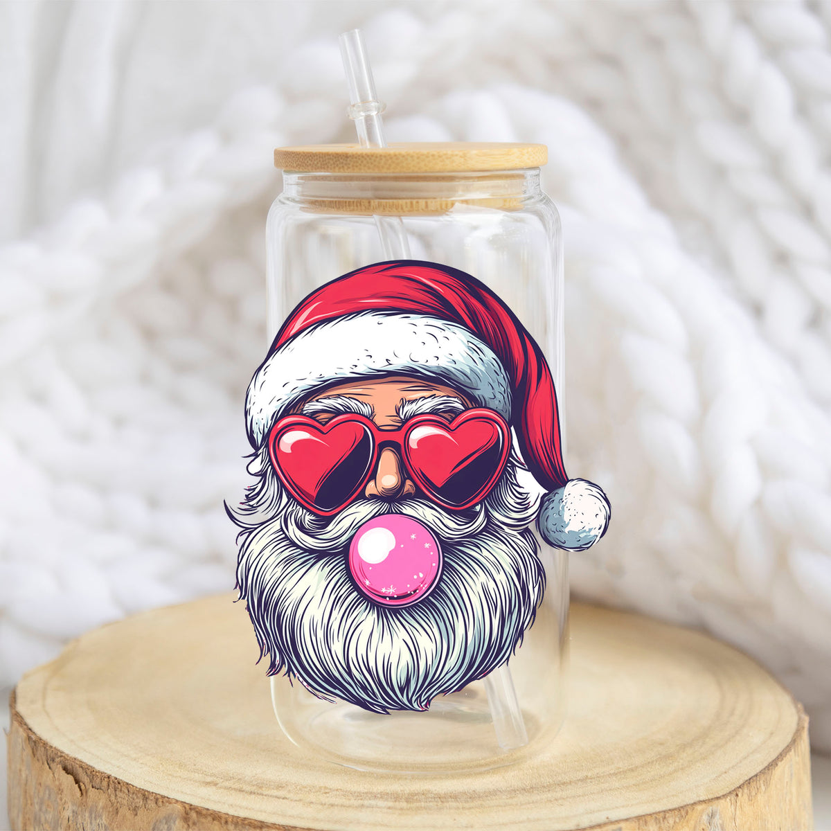 Retro Santa Bubblegum design on a 16 oz glass tumbler