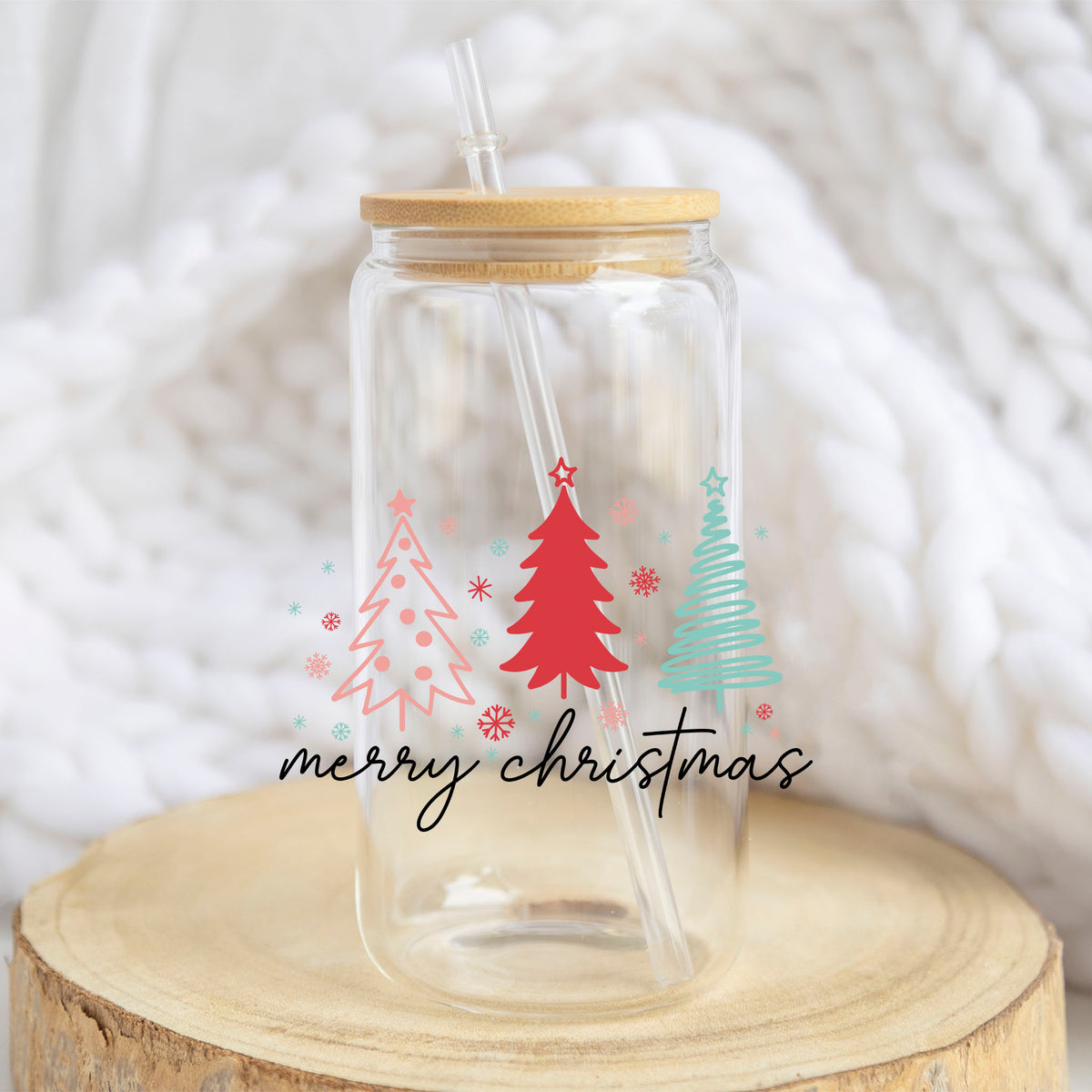 Merry Christmas Three Trees design on a 16 oz glass tumbler