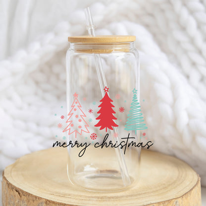 Merry Christmas Three Trees design on a 16 oz glass tumbler