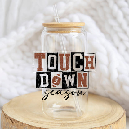 Touchdown Season design on a 16 oz glass tumbler