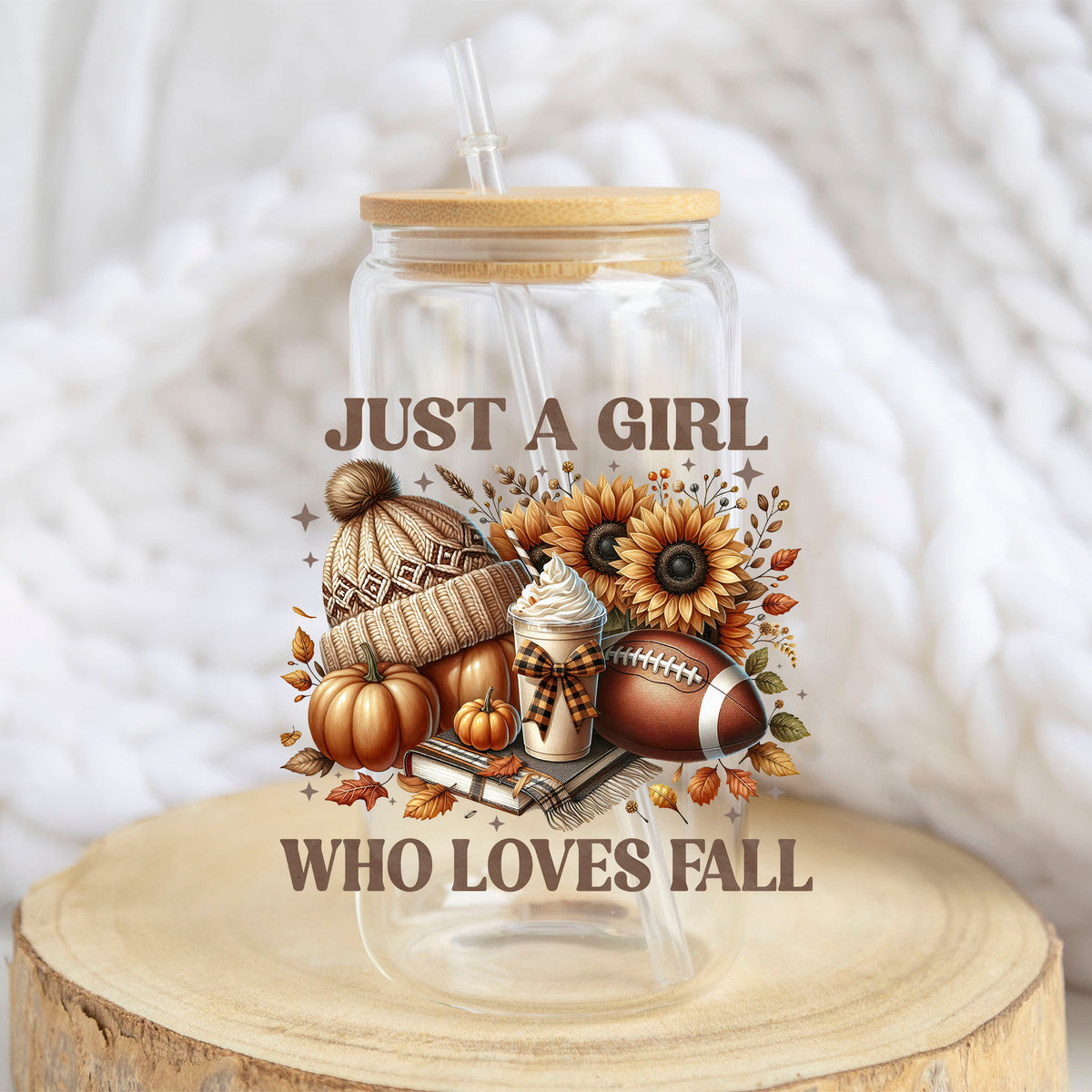 Just a Girl Who Loves Fall design on a 16 oz glass tumbler