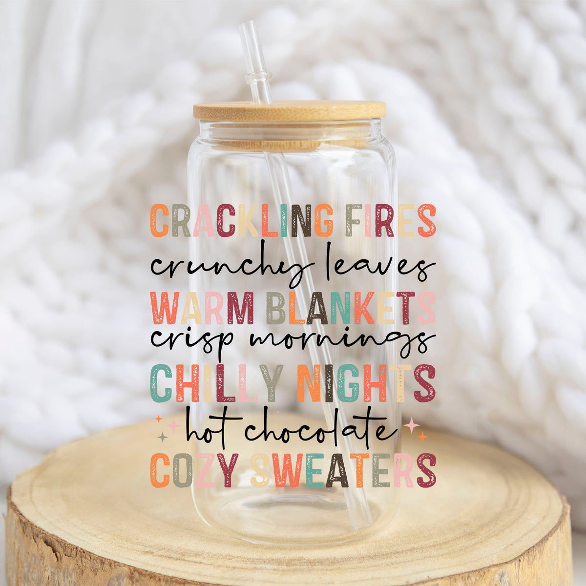 Crackling Fires Cozy Sweaters design on a 16 oz glass tumbler