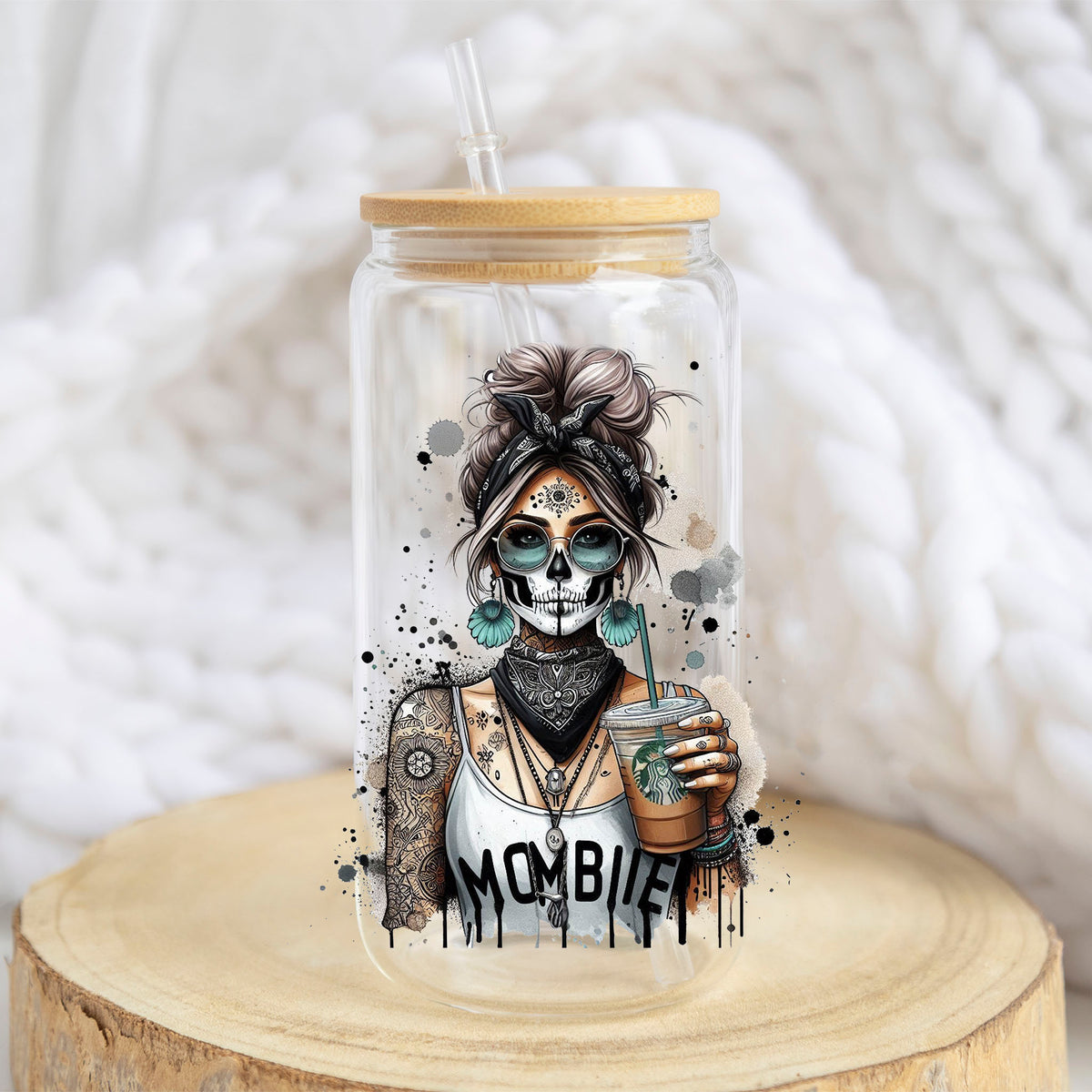 Mombie Coffee design on a 16 oz glass tumbler