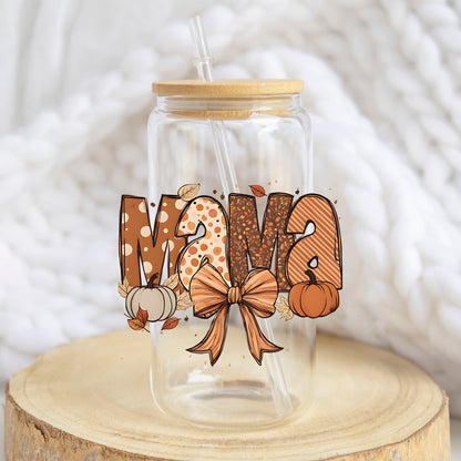 Fall Mama Bow design on a 16 oz glass tumbler