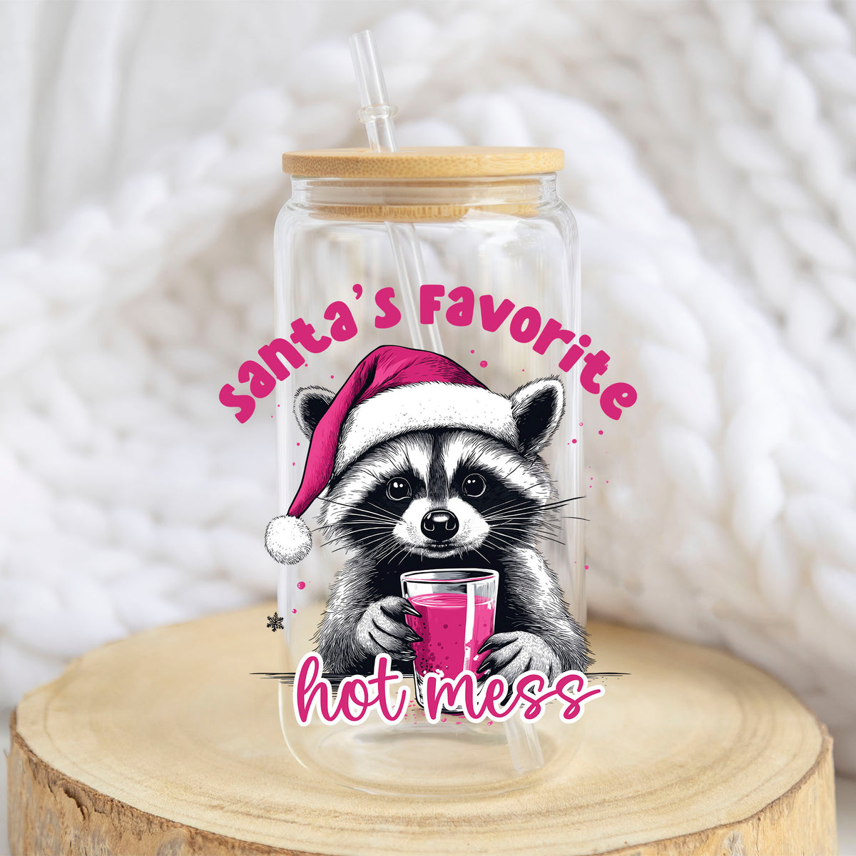 Santa Favorite Hot Mess design on a 16 oz glass tumbler