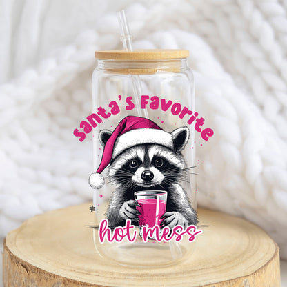 Santa Favorite Hot Mess design on a 16 oz glass tumbler