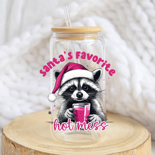 Santa Favorite Hot Mess design on a 16 oz glass tumbler
