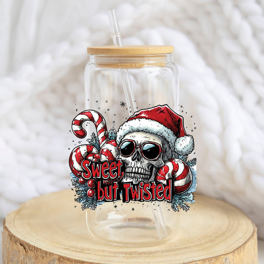 Sweet but Twisted Christmas Skull design on a 16 oz glass tumbler