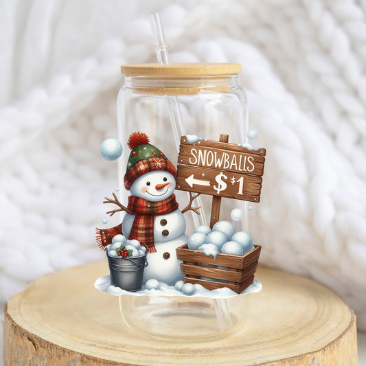 Snowball Stand Snowman design on a 16 oz glass tumbler