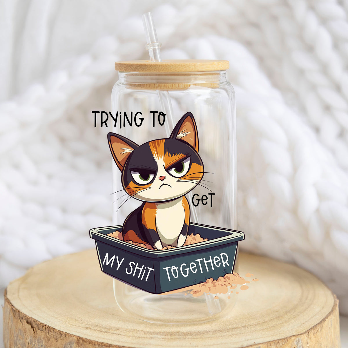Trying to Get My Sh*t Together Cat design on a 16 oz glass tumbler