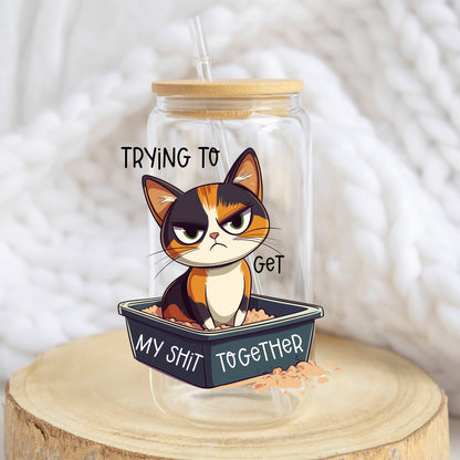 Trying to Get My Sh*t Together Cat design on a 16 oz glass tumbler