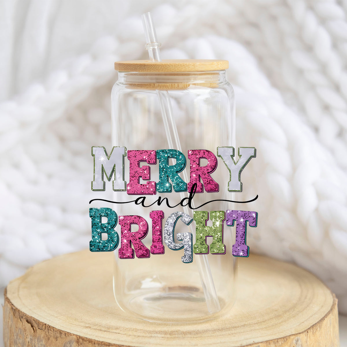 Merry and Bright Sparkle Letters design on a 16 oz glass tumbler