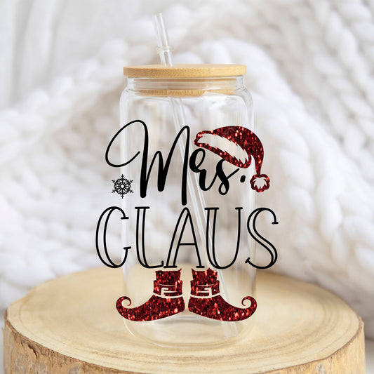 Mrs. Claus Christmas design on a 16 oz glass tumbler