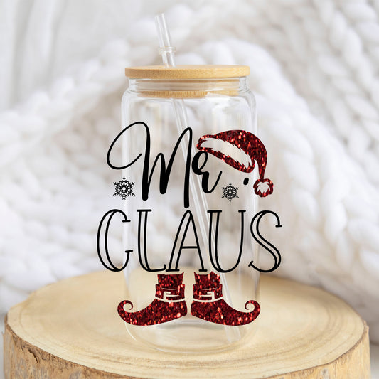Mr. Claus Christmas design on a 16 oz glass tumbler