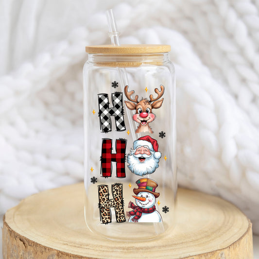 Ho Ho Ho Santa Reindeer Snowman design on a 16 oz glass tumbler