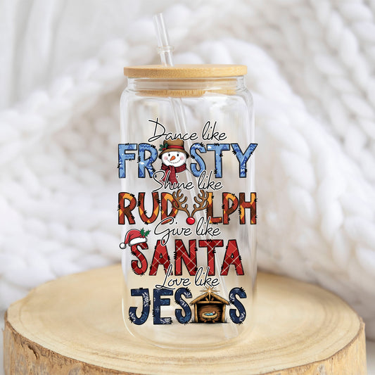 Dance Like Frosty Christmas design on a 16 oz glass tumbler